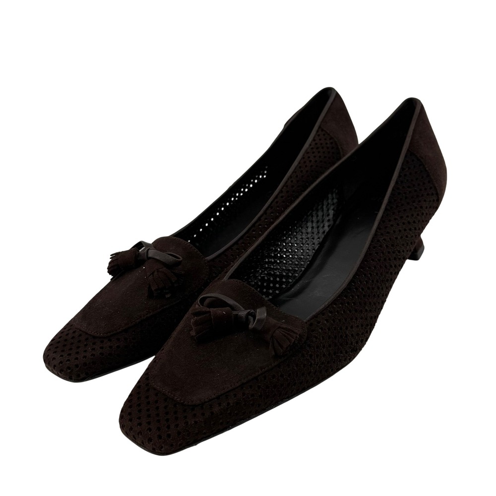 Stuart Weitzman Womens 9N Pumps Brown Perforated Suede Tassel Bow Kitten Heel